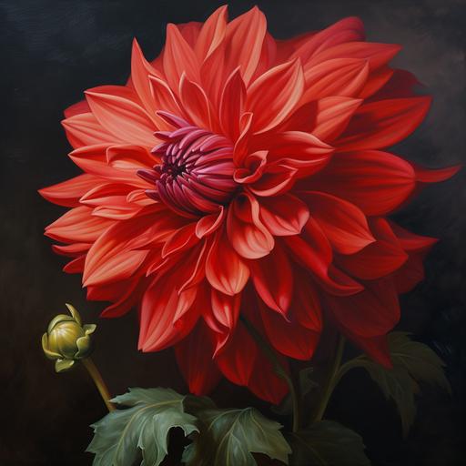 three-quarter side view of immense red dahlia bloom with curving stem and leaves in a oil painting style