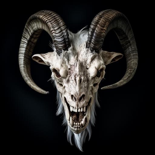 three-quarter view of a creepy goat skull, scary mood, highly detailed, high-definition, evil grin, clear background, no background, sinister looking, high contrast