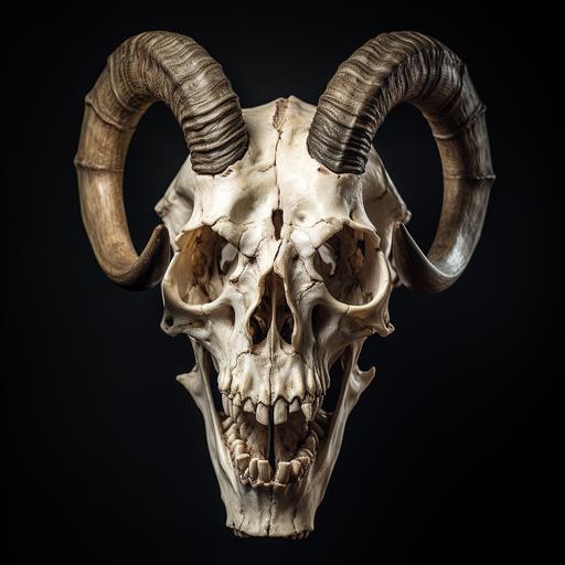 three-quarter view of a creepy goat skull, scary mood, highly detailed, high-definition, evil grin, clear background, no background, sinister looking, high contrast