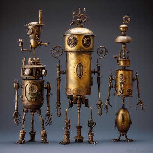 three steampunk robots: one giant and hulking made of brass, one smaller and made of stone like an obelisk, and the third wispy and made of glass and wind chimes