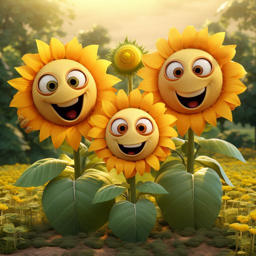 three sunflower cartoon characters