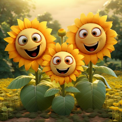 three sunflower cartoon characters