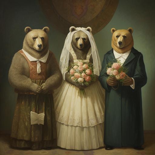 three tall Brown bears. First bear is a Catholic Priest officiating a wedding, dressed for high mass and carrying rosary beads.Second Bear is the groom at his wedding. Third bear is a hugely obese bride wearing a pale green dress with flowers and a veil on her head and a bouquet in her paws. In style of Vermeer--no corrugated