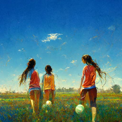 three teen girls playing soccer field land and blue sky