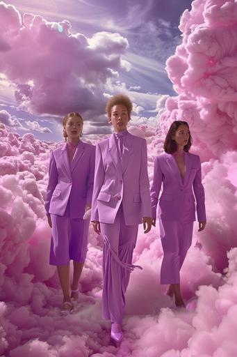 three very elegant powerful women, they wear haute couture purple suits and dresses, they are walking in a commemorative march for Women's Day, physically different women, they walk in a pink fantasy world, with a magnificent sky and clouds that look like pink cotton --ar 2:3