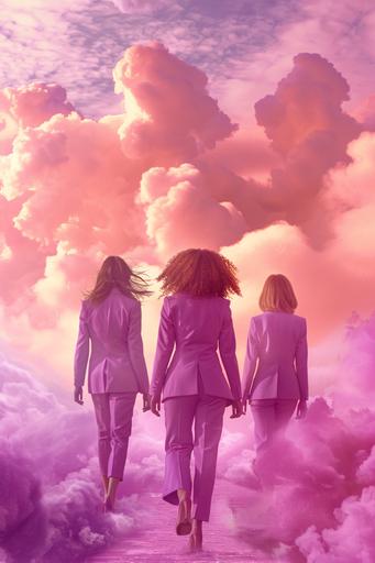 three very elegant powerful women, they wear haute couture purple suits and dresses, they are walking in a commemorative march for Women's Day, physically different women, they walk in a pink fantasy world, with a magnificent sky and clouds that look like pink cotton --ar 2:3