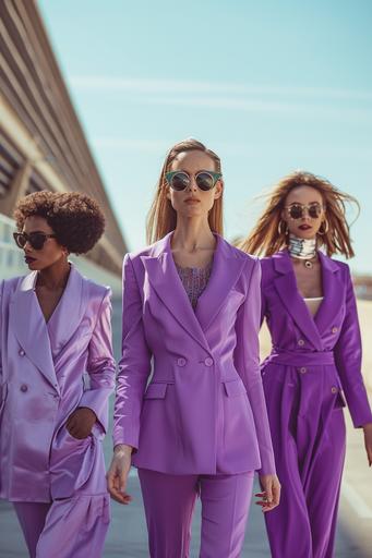 three very elegant powerful women, wearing purple haute couture suits and dresses, walking in a commemorative march for Women's Day, women of different races --ar 2:3