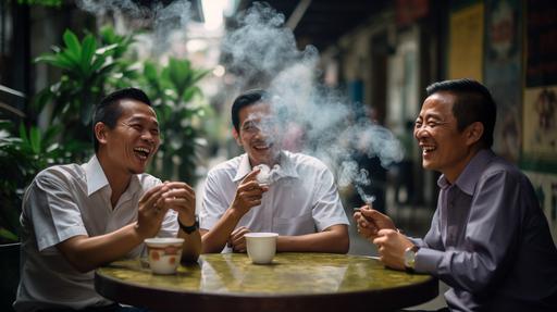 three vietnamese men, 35 years old, smoking in cafeteria in the street, happy with high testosterone level --ar 16:9