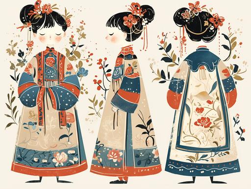 three views, namely the front view,the side view，and the back view，Chinese ancient women wearing clothes in the shape of Chinese porcelain bottles, with patterns of flowers and plants in the Chinese ink style, dignified and atmospheric, flat style, cartoon style，Chinese ancient women wearing clothes in the shape of Chinese porcelain bottles, with patterns of flowers and plants in the Chinese ink style, dignified and atmospheric, flat style, cartoon style，8k,HD, --ar 4:3 --niji 6