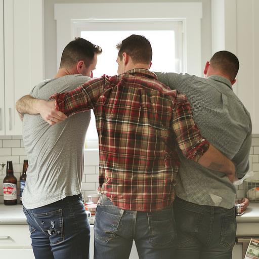 three working men having a manly brother hug - view from behind- in a white kitchen. One man has dark hair and a red flanel shirt and jeans and he's muscular- he's in the middle. The other two are in jeans and t-shirts. there's a 6 pack of Bud Light bottles on the table and a card with a pile of cash - the man in flannel is in the middle- he has dark hair picture qulaity 8k hyper realism. Show no faces - completely from behind.