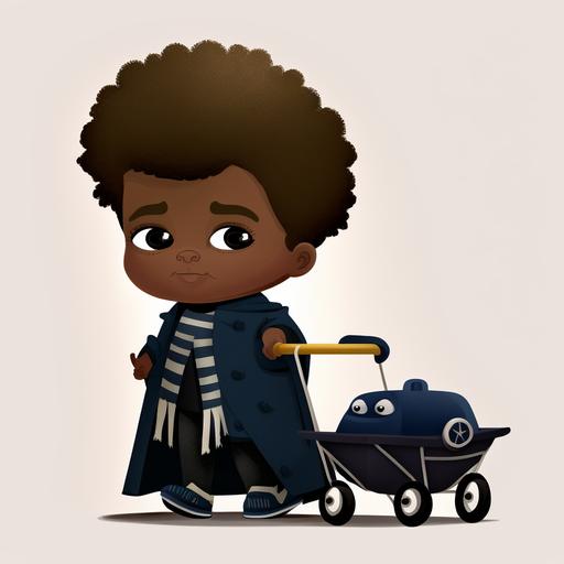 three year old black boy smiling and pushing a doll stroller. boy is wearing a navy blue superhero cape and a navy blue superhero pajamas. the doll stroller is navy blue with a white frame and camel colored wheels and handlebar.