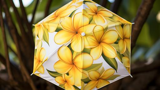 three yellow frangipani flowers in the style of georgia okeeffe, arboreal, printed on the front of a teenage girls open umbrella --s 50 --ar 16:9