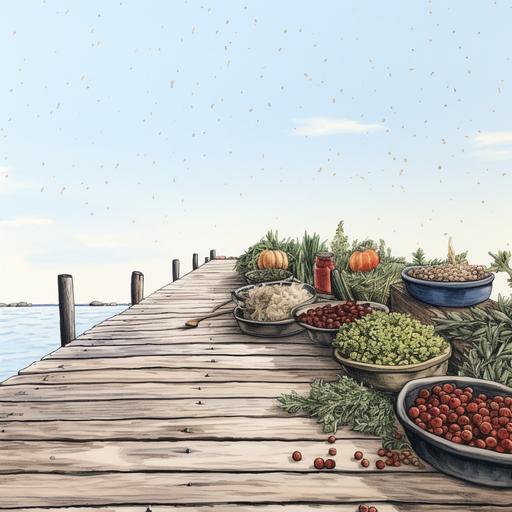 thumb nail drawing of a dock extending into a cloudless white horizon covered with a mixture of fresh herbs and different spices