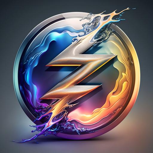 thunderbolt logo, 3d bubble effect, chrome colouring that looks like shiney metal reflecting a gradient sunrise, very slightly distorted shape