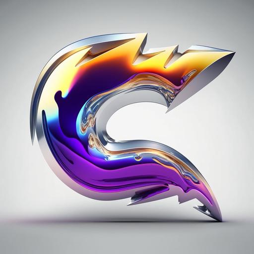 thunderbolt logo, 3d bubble effect, chrome colouring that looks like shiney metal reflecting a gradient sunrise, very slightly distorted shape