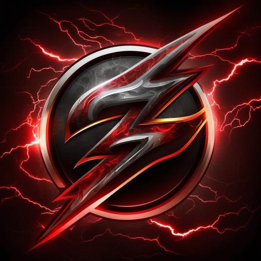 thunderbolt logo, 3d bubble effect, chrome red and black colouring that looks like shiny metal, dark gradient background.