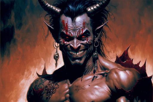 tiefling, dark red skin, demoniac, metal horns, muscular, red eye, devil tattoo, hell background, evil smile, dynamic musical action pose, cheery hell bar room background, detailed setting, high resolution, realistic face and eyes, boris vallejo, Luis Royo, gerald brom --ar 3:2 --v 4