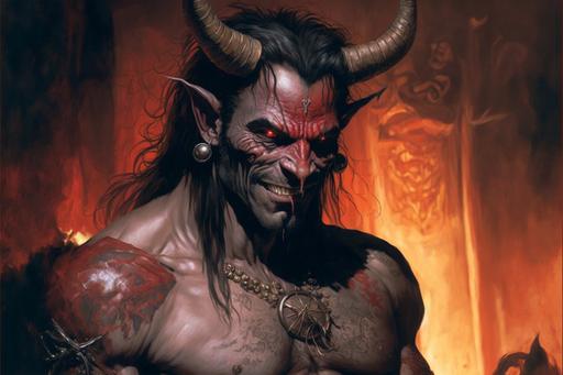 tiefling, red skin, demoniac, horns with metal, muscular, red eye, devil tattoos, trim beard, hell background, evil smile, dynamic musical action pose, cheery bar room background, detailed setting, high resolution, realistic face and eyes, boris vallejo, Luis Royo, gerald brom --ar 3:2 --v 4