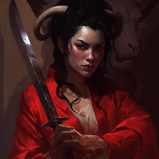 tiefling rouge woman with black hair, light red skin, white eyes and bull horns wearing rouge robes holding a dagger