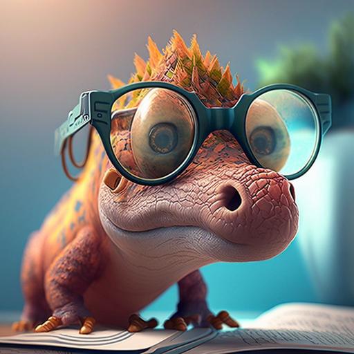 tierno dinosaurio bebe con lentes chistoso usando lapto