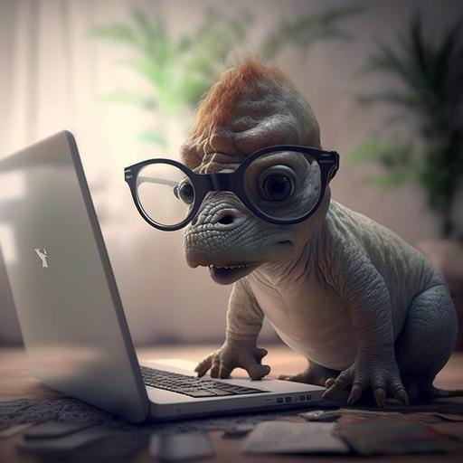 tierno dinosaurio bebe con lentes chistoso usando lapto