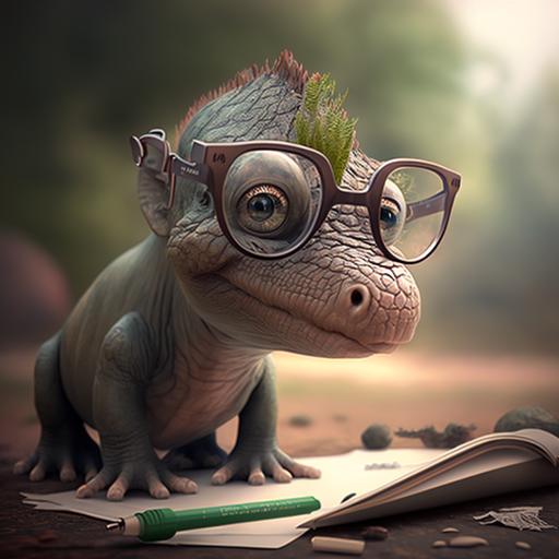 tierno dinosaurio bebe con lentes chistoso usando lapto