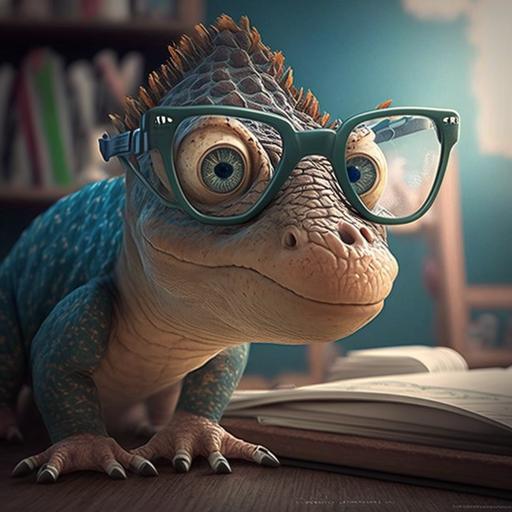 tierno dinosaurio bebe con lentes chistoso usando lapto