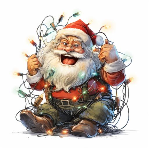 fun and playful Santa, clumsily tangled and wrapped in Christmas lights, confussed and funny look on his face, graphic illustration, white transparent background --v 5.2