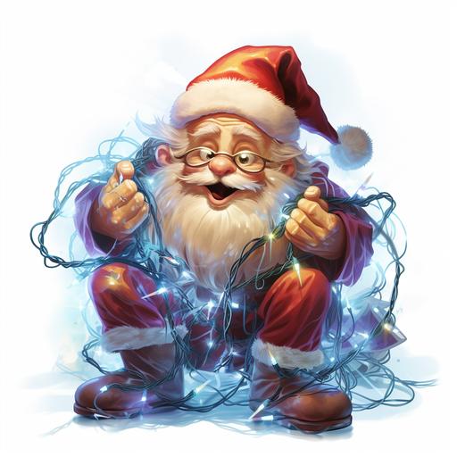 fun and playful Santa, clumsily tangled and wrapped in Christmas lights, confussed and funny look on his face, graphic illustration, white transparent background --v 5.2