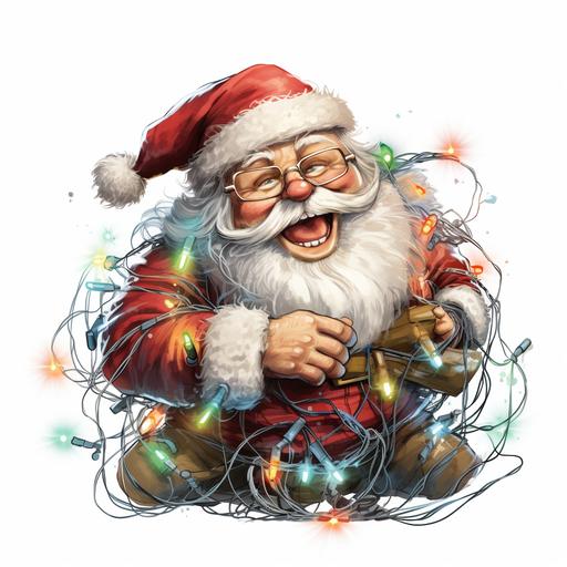 fun and playful Santa, clumsily tangled and wrapped in Christmas lights, confussed and funny look on his face, graphic illustration, white transparent background --v 5.2