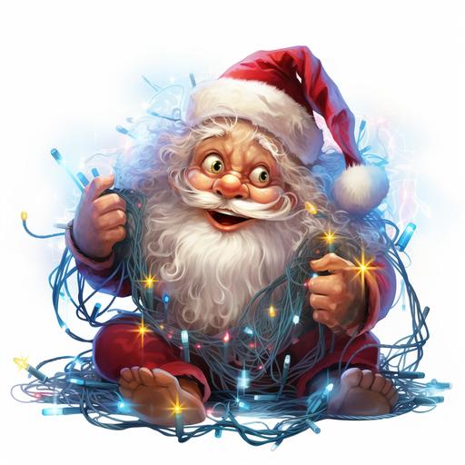 fun and playful Santa, clumsily tangled and wrapped in Christmas lights, confussed and funny look on his face, graphic illustration, white transparent background --v 5.2