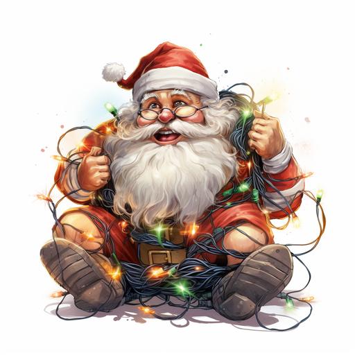 fun and playful Santa, clumsily tangled and wrapped in Christmas lights, confussed and funny look on his face, graphic illustration, white transparent background --v 5.2