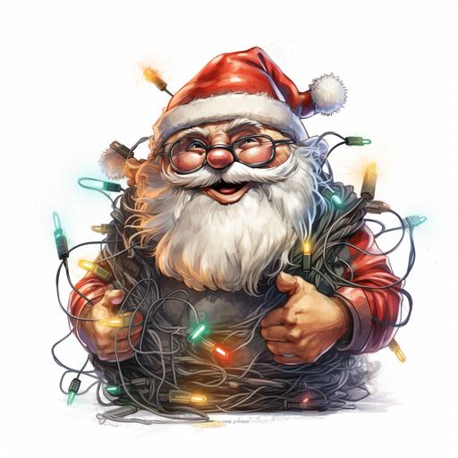 fun and playful Santa, clumsily tangled and wrapped in Christmas lights, confussed and funny look on his face, graphic illustration, white transparent background --v 5.2