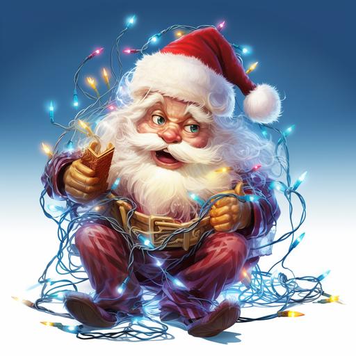 fun and playful Santa, clumsily tangled and wrapped in Christmas lights, confussed and funny look on his face, graphic illustration, white transparent background --v 5.2