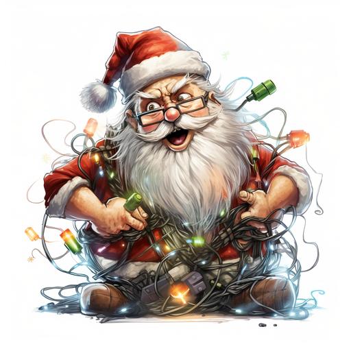 fun and playful Santa, clumsily tangled and wrapped in Christmas lights, confussed and funny look on his face, graphic illustration, white transparent background --v 5.2