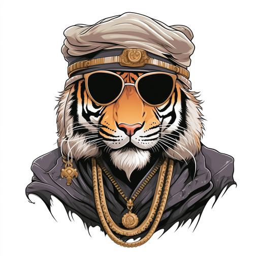 tiger cartoon, wearing gold chain and aviator goggles and muslim skull cap in white background