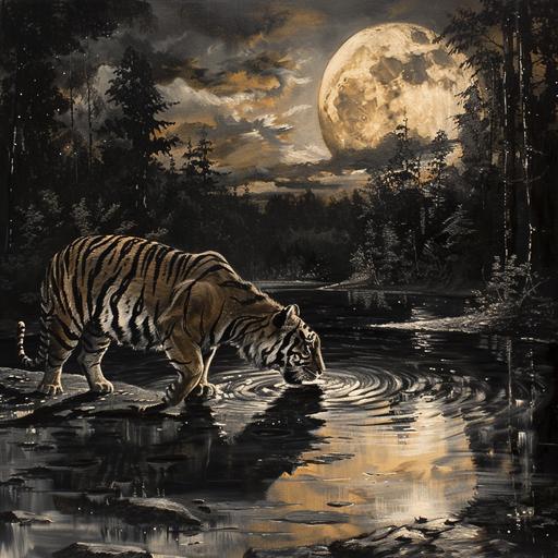 tiger drinking water on full moon night from a river , background is deep forest, landscape , oil paint black and whhite
