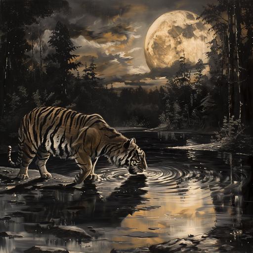 tiger drinking water on full moon night from a river , background is deep forest, landscape , oil paint black and whhite --v 6.0
