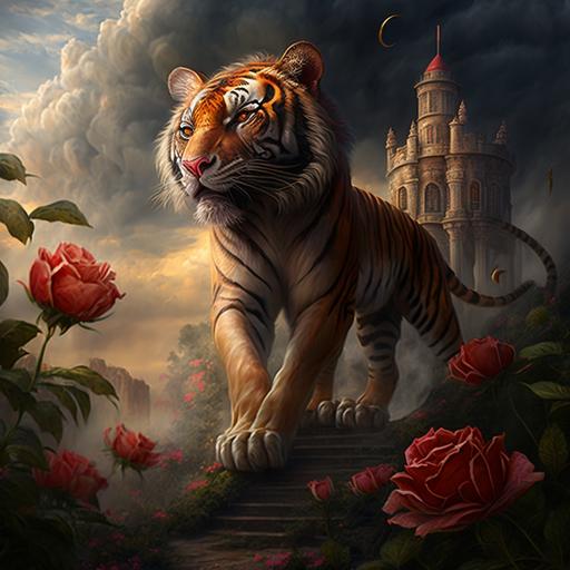 tiger roaming tall castle in warm light with swirling clouds and red roses and vines everywhere