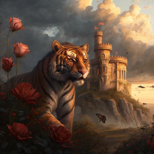 tiger roaming tall castle in warm light with swirling clouds and red roses and vines everywhere