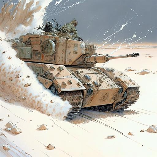 tiger spider tank, driving in the blizzard, machine gun,blast, detailed, snow dune, by enki bilal --q 2 --v 4
