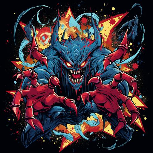 A big, four-armed monster. It looks like the comic character Venom. The monster holds a shuriken, which means throwing star, in each of its four hands. Throwing stars in hands is really important. Dan Abbnett comic style. Vibrant colors. --s 50