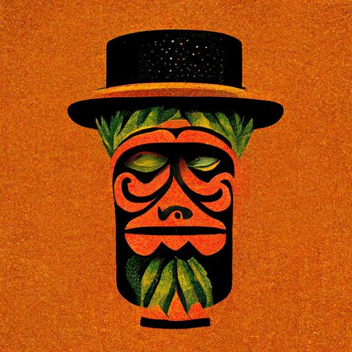 tiki man with a fancy orange moustache, wearing an exploding top hat, orange background with fruit and oranges