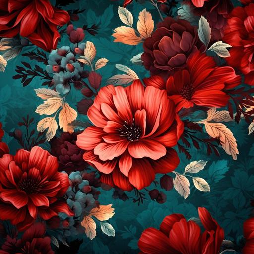 tilable highres texture, floral pattern print, different sizes of flowers, shades of dark teal and red colors, partially blurred and washed, cute and abstract designs, seamless, cotton and damast fabric, 4K