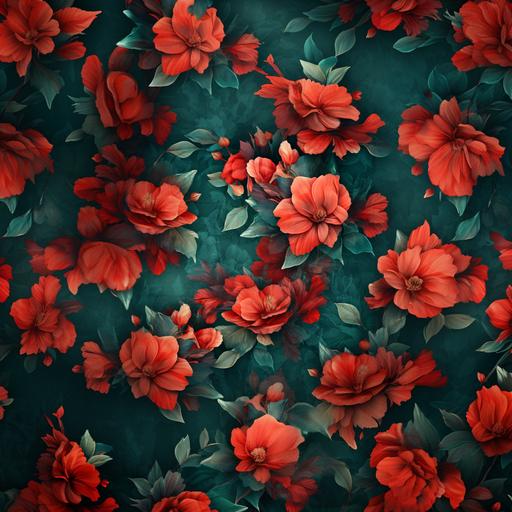 tilable highres texture, floral pattern print, different sizes of flowers, shades of dark teal and red colors, partially blurred and washed, cute and abstract designs, seamless, cotton and damast fabric, 4K