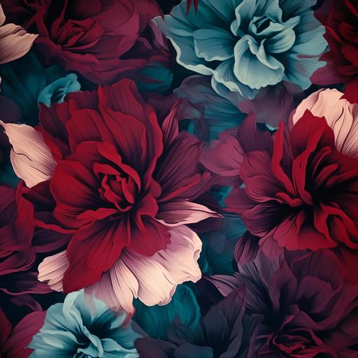 tilable highres texture, seamless tiling, texture surface projection, abstract floral pattern print, different sizes of flowers, shades of dark teal and red and aubergine red colors, partially blurred and washed, cute and abstract designs, seamless, cotton and damast fabric, 4K