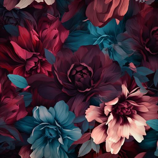 tilable highres texture, seamless tiling, texture surface projection, abstract floral pattern print, different sizes of flowers, shades of dark teal and red and aubergine red colors, partially blurred and washed, cute and abstract designs, seamless, cotton and damast fabric, 4K