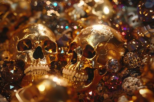 tilt shift photo: a beautiful and massive pile of atompunk treasure gold-plated alien bones and monster skulls gems powerful xenotech items forbidden weapons, sparkling , glowing, shining, brothers hildebrandt, michael whelan, provia, darrell k sweet, realist detail, sense of wonder --ar 3:2 --v 6.0