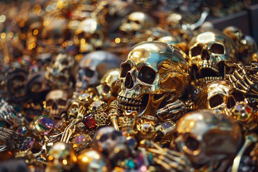 tilt shift photo: a beautiful and massive pile of atompunk treasure gold-plated alien bones and monster skulls gems powerful xenotech items forbidden weapons, sparkling , glowing, shining, brothers hildebrandt, michael whelan, provia, darrell k sweet, realist detail, sense of wonder --ar 3:2 --v 6.0