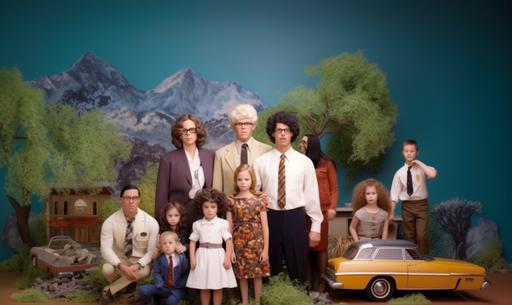 time-lapse motion blur diorama family photo by Olan Mills and Wes Anderson --ar 5:3